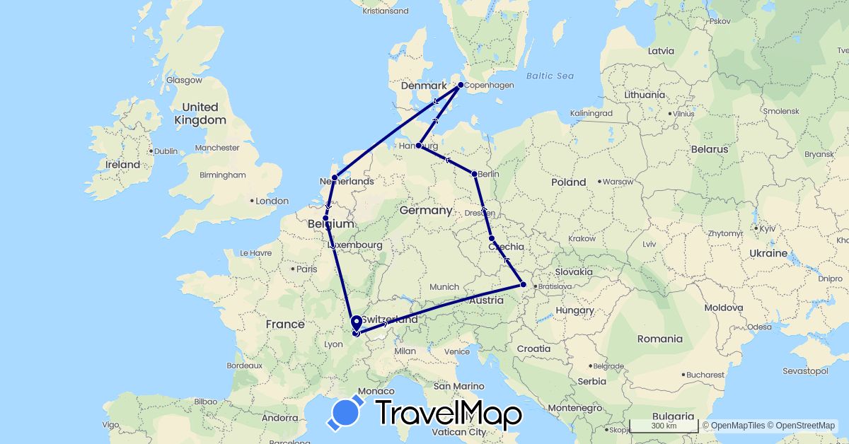 TravelMap itinerary: driving in Austria, Belgium, Switzerland, Czech Republic, Germany, Denmark, France, Netherlands (Europe)